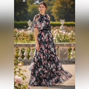 NWT ERDEM Natalina One-sleeve Silk-voile Floral Gown in Pink Dust Bouquet Sz 6